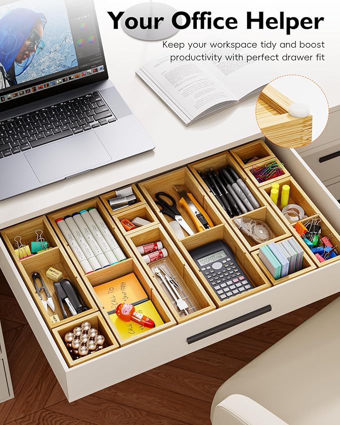 12-Piece Bamboo Drawer Organizer Set, 24 Compartments Modular Storage | Natural Bamboo, Flexible Modular Trays, Water-Resistant, Stackable Design, Adjustable, Excellent Organization, Easy to Clean - Image 5