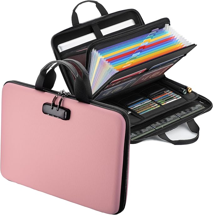 Fireproof Document Box with Lock, Hard-Shell Case Fireproof File Organizer with 13 Pocket Accordion File Folder, Portable Home Office Travel Safe Storage for Important Documents Laptop by EXLIFBAG