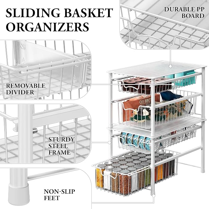 Simple Houseware Stackable Sliding Basket Organizer Drawer, White, 2-Tier - Image 4