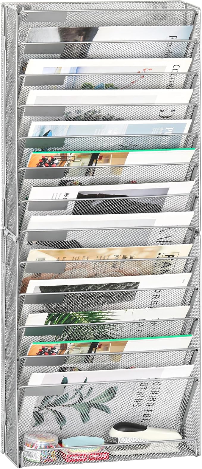 EasyPAG Wall File Holder 14 Tier Mesh Hanging Folder Organizer with Flat Tray Wall Mounted Mail Organizer Magazine Paper Desk Shelf with Nametag Label for Office Home School, Silver by EasyPAG