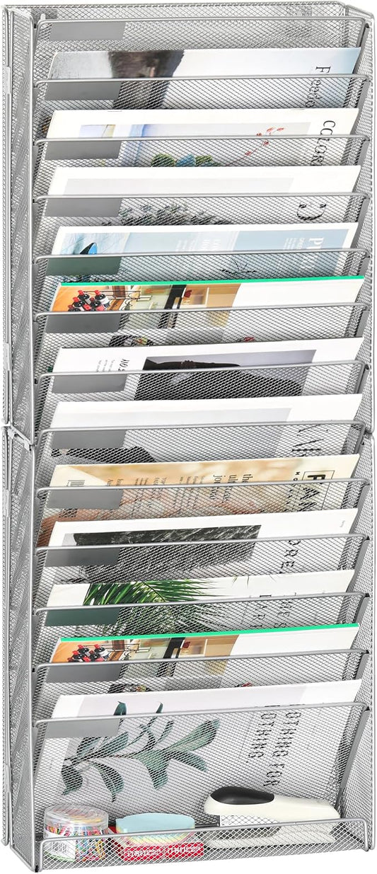 EasyPAG Wall File Holder 14 Tier Mesh Hanging Folder Organizer with Flat Tray Wall Mounted Mail Organizer Magazine Paper Desk Shelf with Nametag Label for Office Home School, Silver by EasyPAG