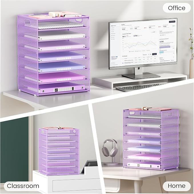 Lavatino 2 Pack 8-Tier Office Desk File Organizer, Letter Tray Paper Organizer with Handle, Including 5 Adjustable Slide Trays for Organizing Desk Workspace Accessories and Supplies (Purple Mesh) - Image 5