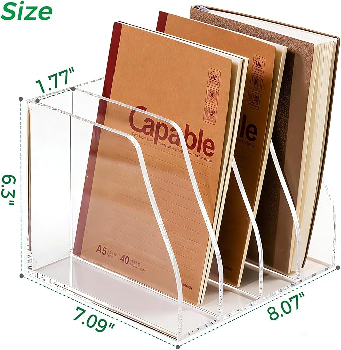 Acrylic Magazine File Holder, 4 Vertical Compartments Desk Document Sorter Organizer, Clear Folder Rack Binder for Office/Home/Classroom, for Documents, Tablet, Magazines, Books & Accessories - Image 2
