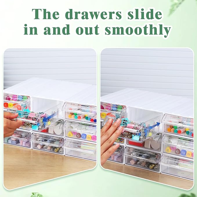 9 Pcs Stacking Office Drawer Organizers - Desktop & Wall Mounted 9 Drawer Storage Closet with 18pcs Clear Dividers Multifunctional Organizer Rack with 9pcs Tag Card for Home Small Items | Track to Lock into Each Other, Stackable without Slipping, 8.7"D... - Image 5