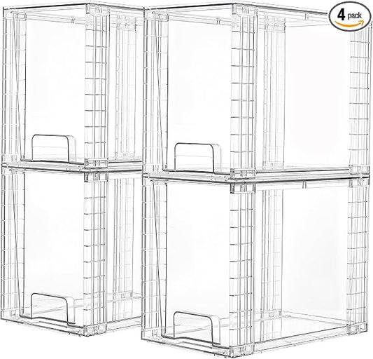 Vtopmart 4 Pack Clear Stackable Storage Drawers,9.7" High Plastic Organizers Bins for Skincare, Bathroom Supplies,Ideal for Cabinet,Undersink,Vanity,Kitchen,Pantry Organization by Vtopmart