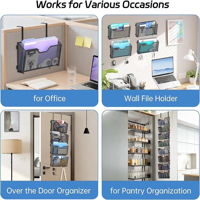 Wall File Organizer, 8 Pack Metal Wall File Holders, Black | Wall organizer with mesh pockets, label panels and hook or screw mounting for A4 and letter files at home, office or school - Image 7