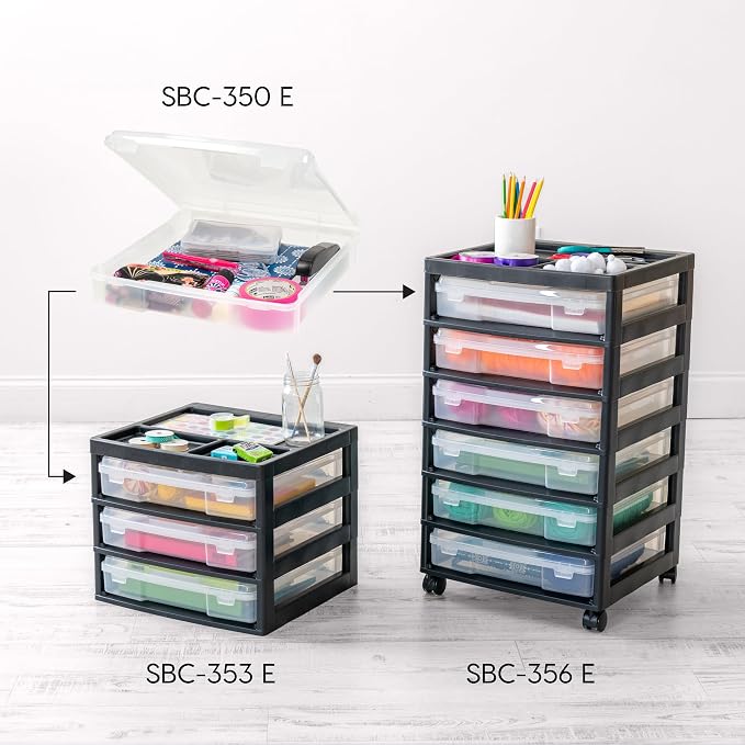 IRIS USA Desk Organizer |Made in USA| 3-Tier Cases - Black/Clear | Fits 12"x12" Paper, Built-In Handles, Storage Unit with Supply Top for Craft, Art, Office Supplies, Pens & Pencils - Image 9