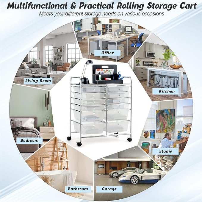 COSTWAY 12-Drawer Rolling Storage Cart, Moveable Art Craft Organizer | Lockable Wheels, Metal Shelf, Files Arrangement Tools Makeup Storage Cart for Office, Home, School (Clear) - Image 8