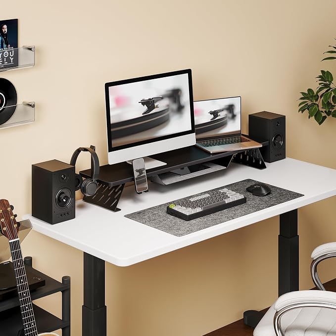Fenge Dual Monitor Stand, Wooden Desk Shelf with Headphone & Phone Holder | 42.5" Monitor Riser with Storage Shelf, 2-Tier Monitor Shelf with Metal Leg for Home Office Organizer, Black - Image 7