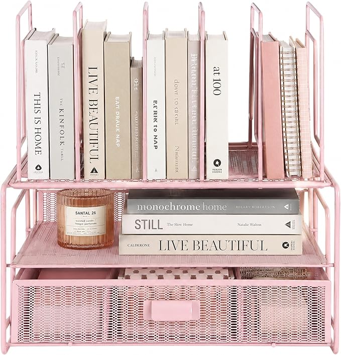 BLU MONACO | Pink Desk Organizer with Drawer | Wire Mesh Desk Organizer File Sorter | Metal Desktop Storage for Office Workspace by Blu_Monaco