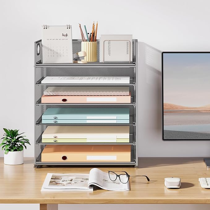 Subekyu 6 Tier Paper Organizer for Desk with Handle, Metal Mesh Desk Office File Folder Paper Letter Tray Accessories Organizer Sorter for Home, School, Office Desktop Document Organization - Silver - Image 7