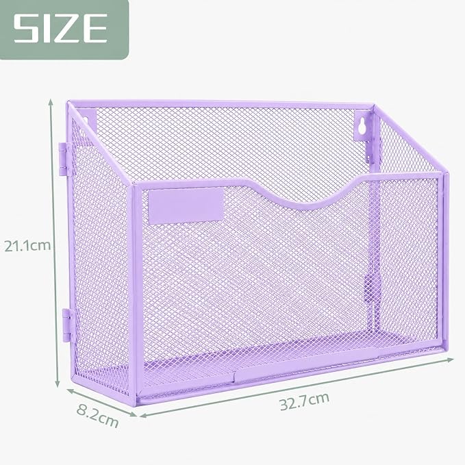 1 Pocket Mesh Wall File Holder Organizer Office Hanging File Folder Magazine Rack, Nametag Label Hooks Set Included (Purple) - Image 2