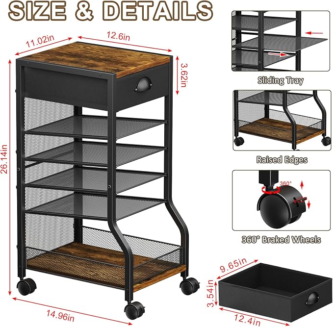 keomaisyto 6-Tier Rolling File Cart with Drawer, Under Desk Storage with Paper Letter Sliding Trays, Standing File Organizer with Wheels, Slim Workspace Organizers for Office/Home/School/Study - Image 4