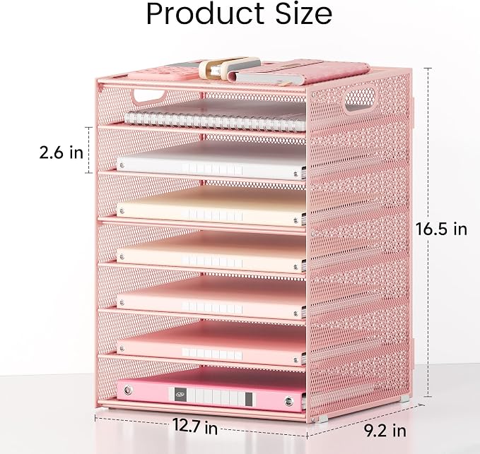 Lavatino 2 Pack 8-Tier Office Desk File Organizer, Letter Tray Paper Organizer with Handle, Including 5 Adjustable Slide Trays for Organizing Desk Workspace Accessories and Supplies (Pink Mesh) - Image 2
