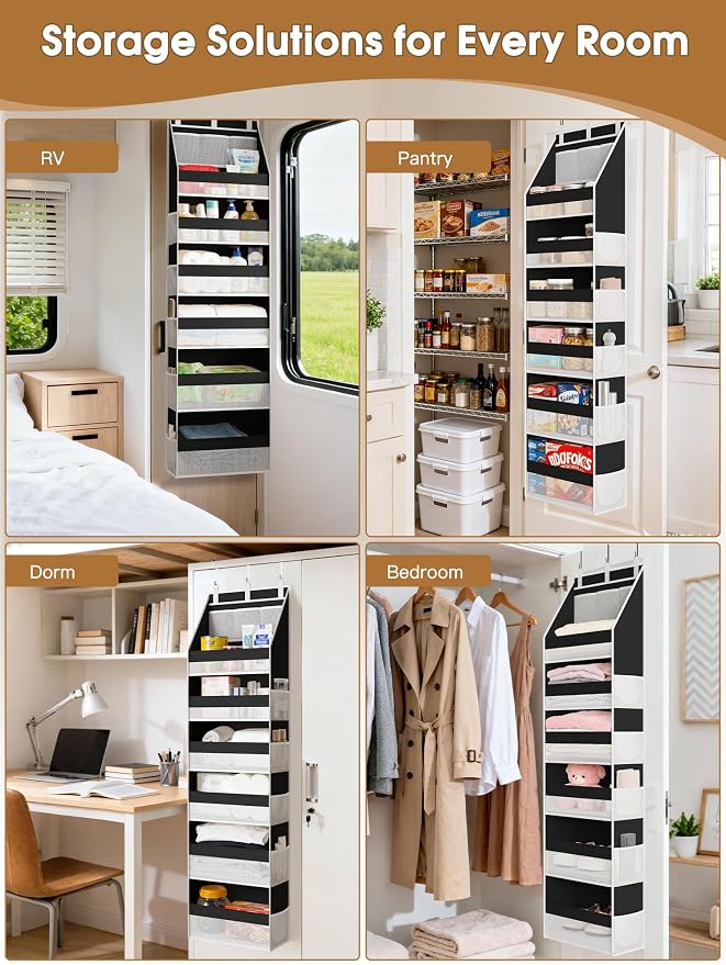 Over the Door Organizer, Heavy-Duty 6-Shelf Hanging Storage with 13 Mesh Pockets, 55lbs Capacity Behind the Door Storage for Nursery, Bathroom, Bedroom, and Dorm, Black - Image 6