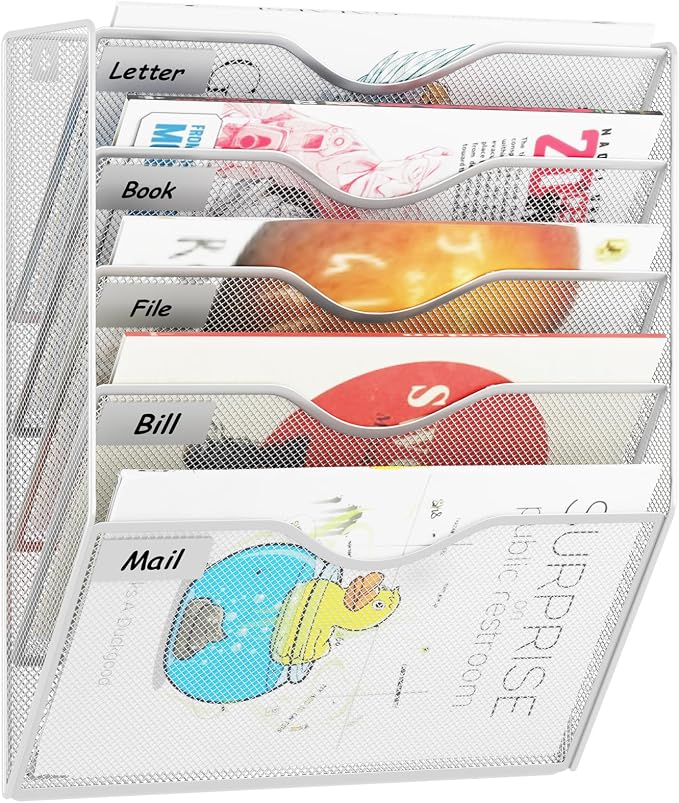 5 Pockets Hanging Wall File Organizer Mail Holder, Wall Mounted Paper Document Folder Holder, Clipboard Storage Organization Magazine Rack, Silver by GDINDINFAN