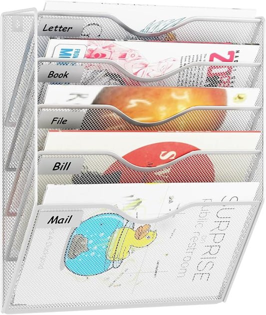 5 Pockets Hanging Wall File Organizer Mail Holder, Wall Mounted Paper Document Folder Holder, Clipboard Storage Organization Magazine Rack, Silver by GDINDINFAN