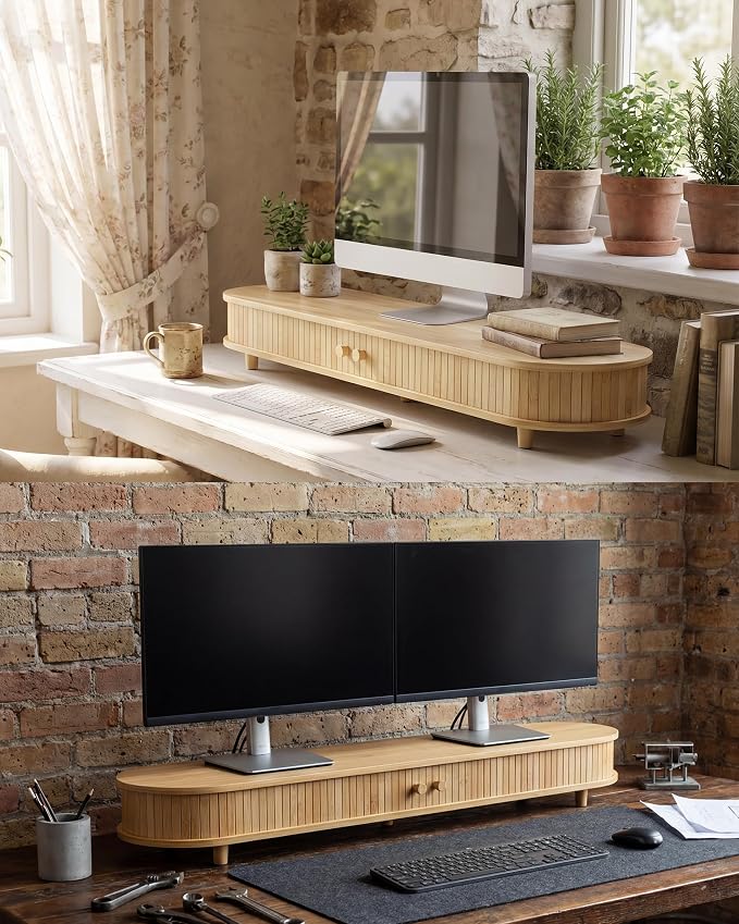 Bamboo Dual Monitor Stand with Storage, 42 Inch Desk Shelf Riser | Curved Double Computer Laptop Stand Desk Shelf Organizer with Sliding Doors for 55-72 Inch Desk - Image 6