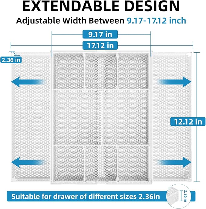 Marbrasse Expandable Desk Drawer Organizer, Mesh Drawer Organizer Tray with 10 Adjustable Compartments, Desk Organizers and Accessories, 5 Dividers Drawer for Office Supplies, Makeup & Vanity (White) - Image 2