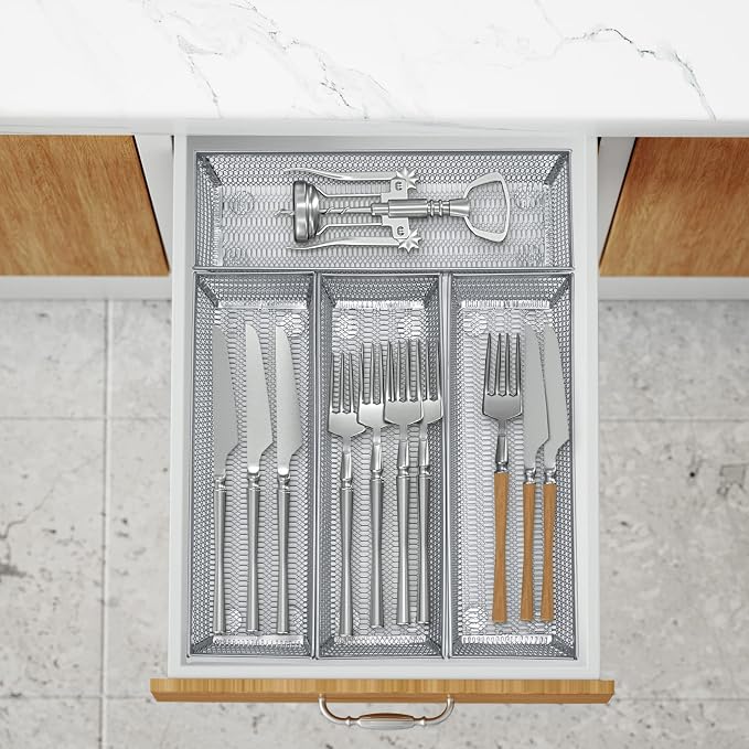 Neudeco Silverware Organizer, Silver, 9 * 3 * 2 inch, Pack 6 | Mesh Drawer Organizer, Metal Utensil Organizer, For Flatware, Knives, Spoons, Cosmetic - Image 5