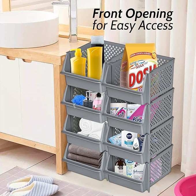 Skywin Stackable Storage Bins Open Front for Pantry Storage, 4 Pack - Grey | Sturdy Plastic, Easy Stacking, Open Front Access, Ventilated Sides, Vertical & Space Saving Pantry Organizers and Storage Bin - Image 4