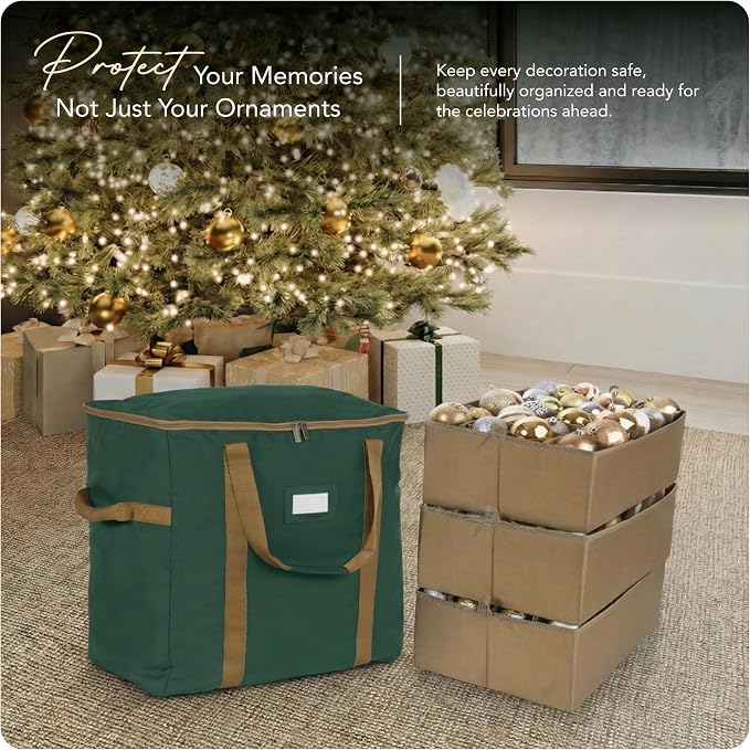 Covermates Keepsakes Adjustable Ornament Storage Bag – Heavy-Duty Polyester, Padded Dividers & FlexGrid Trays – Protective Holiday Ornament Organizer with Handles & Label Window, Green - Image 2