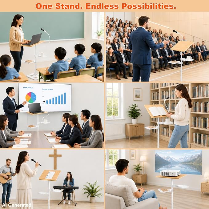 3-in-1 Wooden Music Stand, Metal Bracket Book Stand for Reading Podium | Adjustable Bookshelf, 16.5*13.2*68 In, for Music, Cookbook, Textbook, Laptop, Book, Holder for Display Lectern, Podium Stand - Image 5