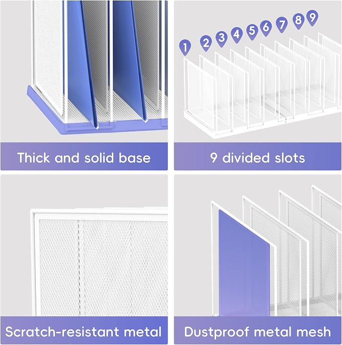 9-Section Desk File Organizer, Vertical File Holder, Mesh Desktop File Folder Metal File Organizer Stand for Office Home Classroom, White - Image 5