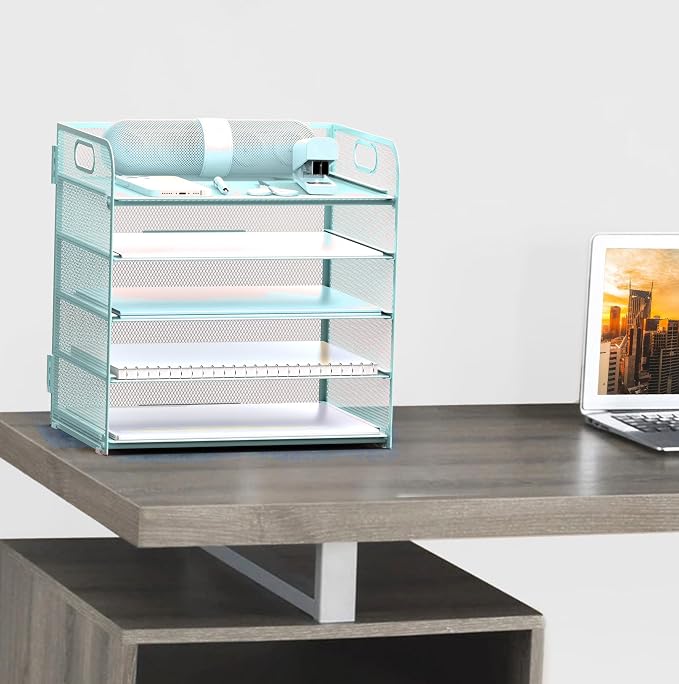 Letter Tray Paper Organizer 5-Tier Desk Organizer File Organizer Paper Holder with Handle, Metal Desktop Document Shelf Tray Office Classroom Organization - Blue - Image 5