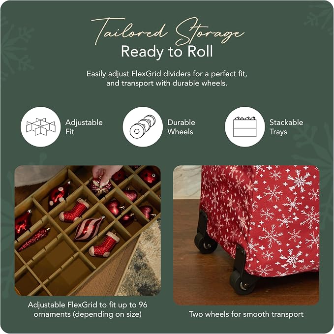 Covermates Keepsakes Rolling Adjustable Ornament Storage Bag – Heavy-Duty Polyester, FlexGrid Trays & Padded Dividers – Protective Holiday Organizer with Wheels, Handles & ID Window, Red Snowflake - Image 5