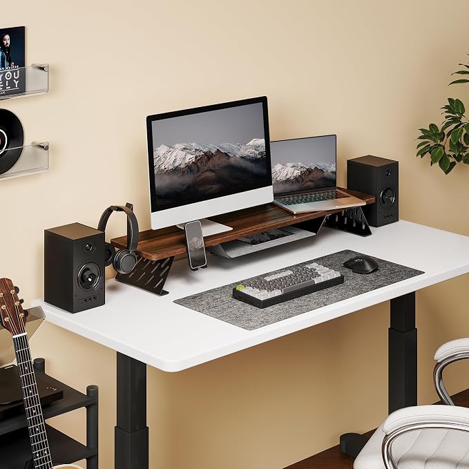 Fenge Dual Monitor Stand, Wooden Desk Shelf with Headphone & Phone Holder | 42.5" Monitor Riser with Storage Shelf, 2-Tier Monitor Shelf with Metal Leg for Home Office Organizer, Brown - Image 7