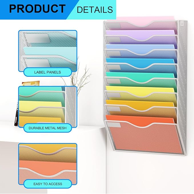 8 Pockets Mesh Hanging Wall File Holder Organizer Wall Mounted Paper Magazine Rack, Silver - Image 4
