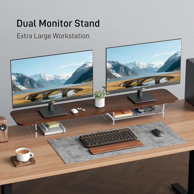 Dual Monitor Stand 43 Inch Extra Large Monitor Riser for Desk, Acrylic Clear Legs Desk Organizer Shelf with Felt Lining Storage Drawer, Compatible with Computer Laptop PC Printer Flat Screen TV - Image 2