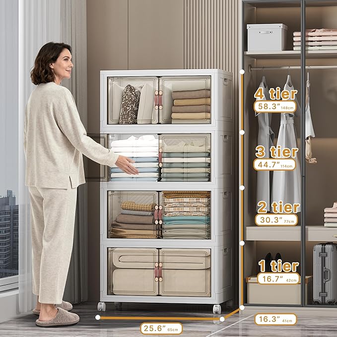 Stackable Storage Bins, 896QT Collapsible Drawers with 2 Lids | Large Capacity, Magnetic Door, Stack Lock, Rolling Wheels, Foldable Design, Organizers and Storage for Bedroom Dorm Garage - Image 3