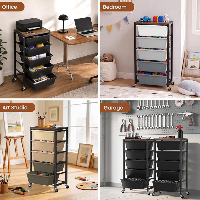 Rolling Cart with 5 Drawers, Plastic Drawer Storage Carts with Wheels & Wooden Tabletop, Metal Utility Cart for Office Bedroom Living Room Classroom, Craft Organization and Storage, Grey - Image 6