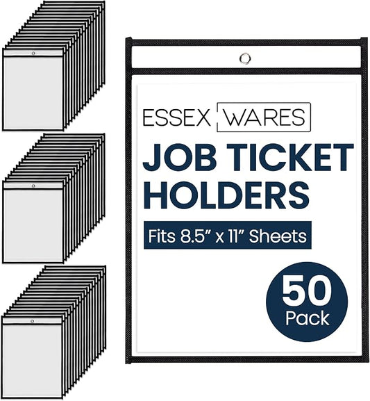 Essex Wares - 50 Pack, Black Job Ticket Holders, 10" Wide x 13.5" Tall | Water-Resistant, Shop Ticket Holders, Document Protectors, Clear Plastic Sleeves, Reusable & Easy Erase, Dry Erase Pockets by EssexWares