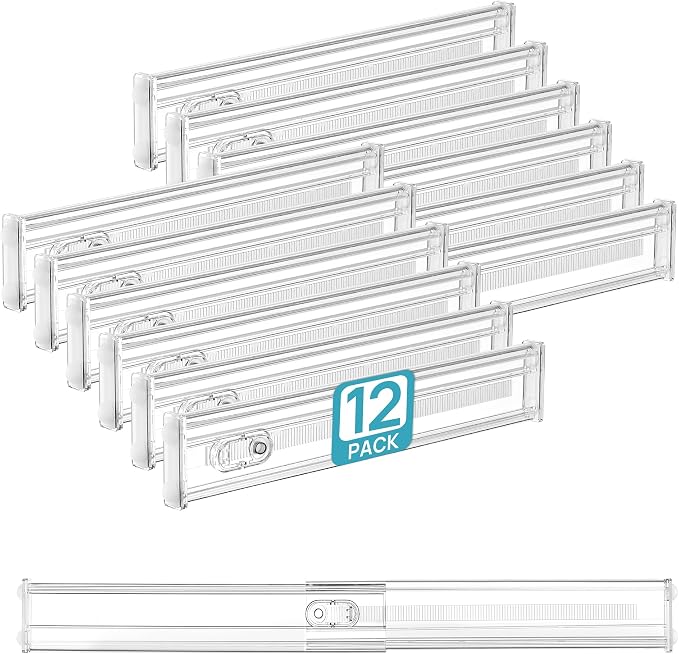 Vtopmart 2.36" Short Upgrade Drawer Dividers 12.8"-22.3" Expandable 12 Pack | Adjustable Kitchen Drawer Organizer, Clear Plastic Separator for Flatware, Utensils, Cutlery, Underwear Storage, Space Saving by Vtopmart