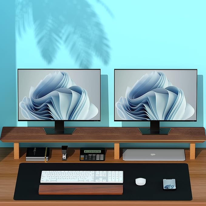 Aothia Solid Wood Dual Monitor Stand Riser for Desk, 43 Inch Black Walnut Computer Monitor Riser with Cork Legs, Extra Long Desktop Organizer Shelf for 2 Monitors, Laptop & Printer - Image 7