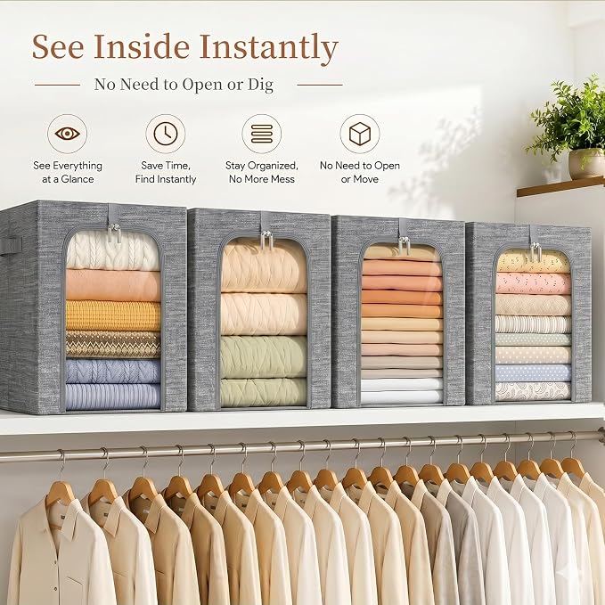 GoMaihe Blanket Storage Bins with Metal Frame for Closet, 55L 6-Pack Grey | Clothing Bedding Winter Coat Comforters , Closet Top Shelf, Collapse-Proof Stackable, See Through, Dual Access Space Saving - Image 4