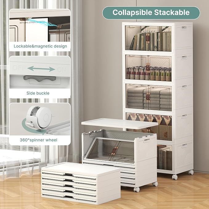 240QT Lockable Plastic Storage Bins, 5 Pack Collapsible Cabinets | Stackable Organizer with Doors & Wheels, Foldable Containers for Bedroom, Dorm, Office & Garage Storage - Image 3
