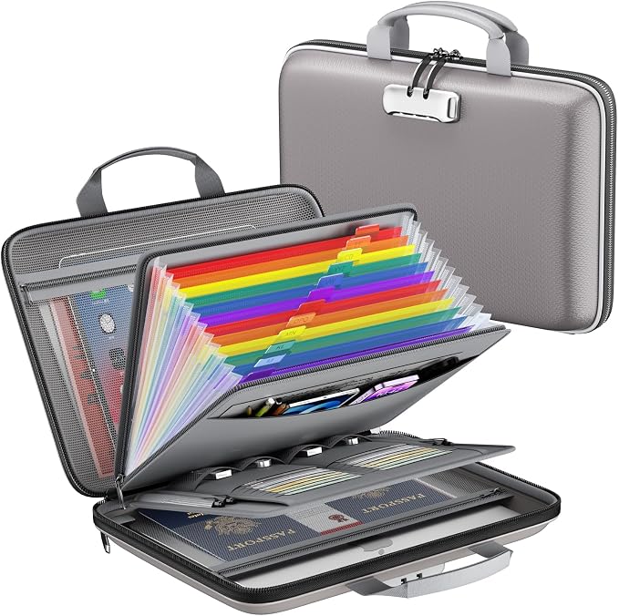 Fireproof File Organizer with Lock, Hard-Shell Document Box, Gray | Water Resistant, 13-Pocket Expanding Folder, Portable Safe Storage for Letter Legal Files, Laptop, Valuables, Large Capacity by ZOOPIP