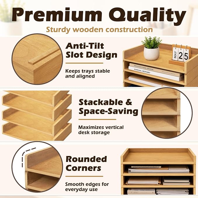 4 Pack Stackable Paper Tray, Wooden Paper Tray Organizer with Letter Tray, Paper Holder for Desk, Desktop File Storage Rack for Study, Home and Office (Oak) - Image 4