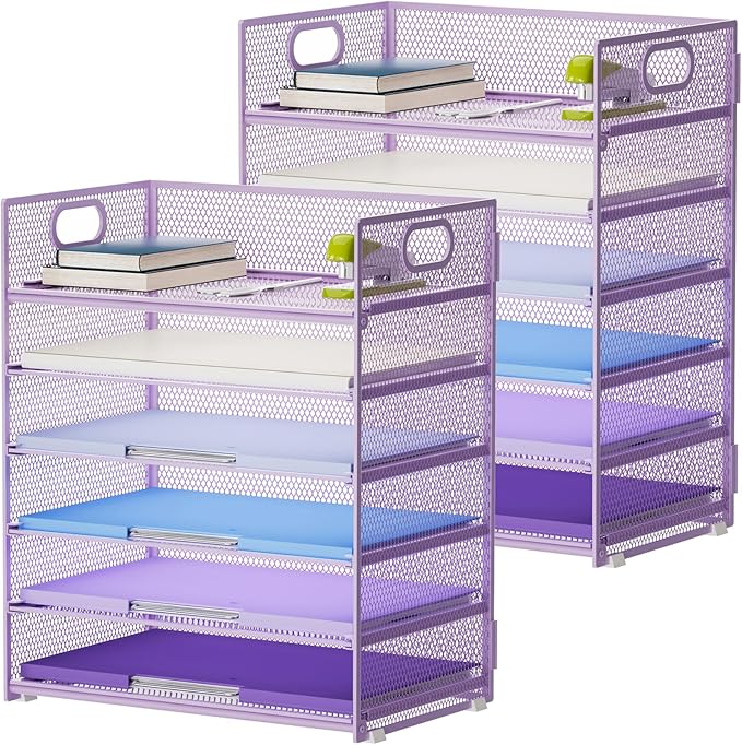 Marbrasse 2 Pack Desk Organizer with Handle, 6 Tier Paper Letter Tray, Mesh Desk File Organizer for Office, School and Home - Purple by Marbrasse