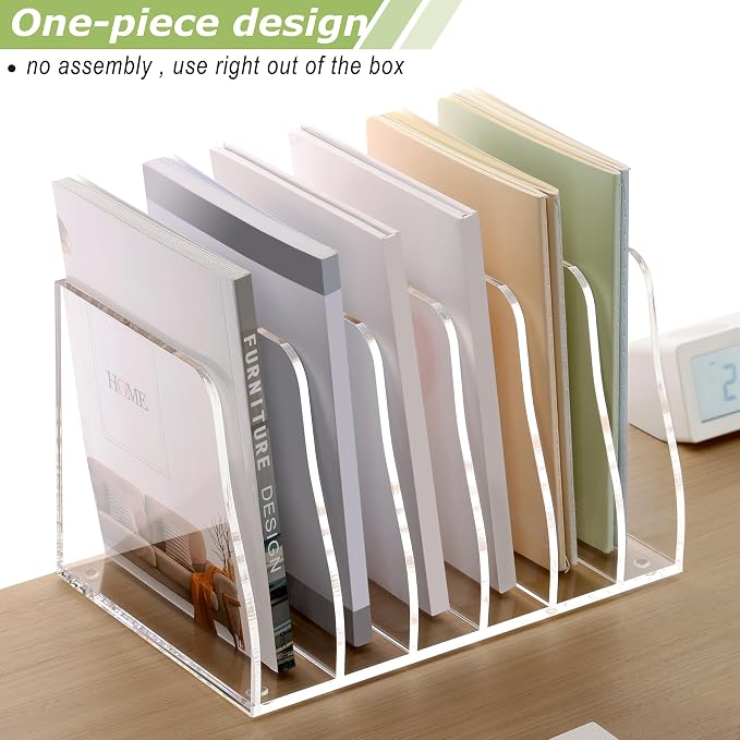 SANRUI Acrylic Desk File Organizer, Clear Magazine File Holder 6 Slot | Vertical Workspace Sorters, Folder Rack for Office Accessories Organization Storage - Image 5