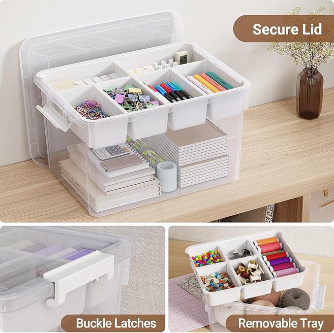 80Qt Stackable Storage Bins with Lids Trays Craft Box Organizers, 2Pack,WH | Clear Plastic Latching Boxes Organizers with Dividers Portable Containers for Arts & Crafts, Home Office Classroom Car Trunk - Image 3