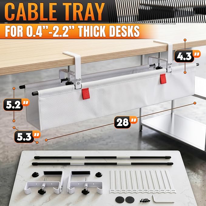 Under Desk Cable Management Tray 28" — No Drill Clamp-On Cord Organizer for Desk with Built-in Ties, Heavy Duty Metal Clamp, Foldable 600D Oxford Fabric for Home Office, WFH & Gaming PC Setup (White) - Image 2