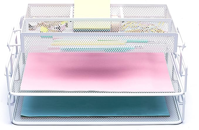EXERZ Stackable Letter Trays 2 Pack with Memo Holder Desk Organiser White | Two Tier A4 File Storage With Divided Accessory Sections For Notes Pens Clips And Everyday Desk Essentials - Image 4