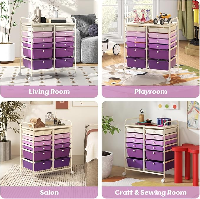 COSTWAY 12-Drawer Rolling Storage Cart, Moveable Art Craft Organizer | Lockable Wheels, Metal Shelf, Files Arrangement Tools Makeup Storage Cart for Office, Home, School (Purple Gradient) - Image 9