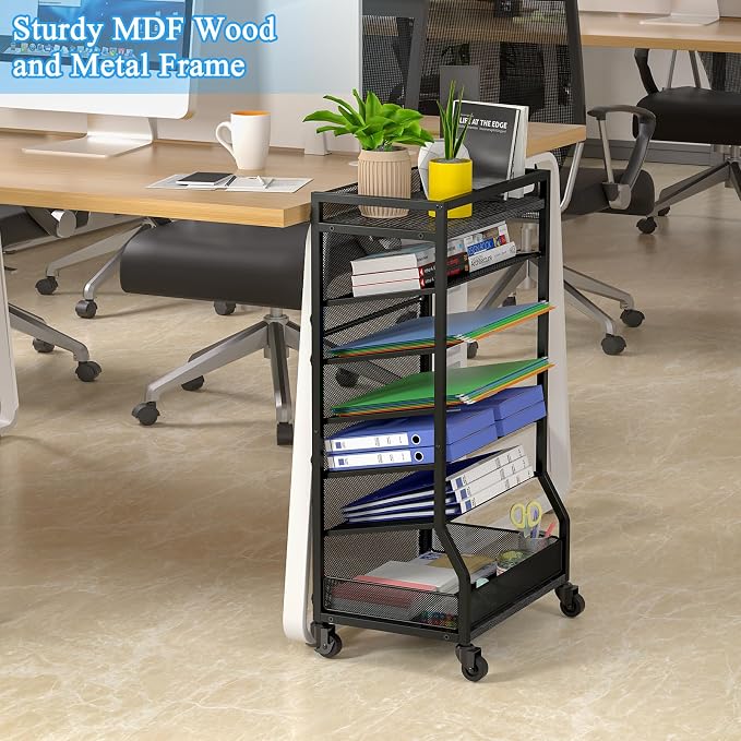 ThreeHio 7 Tier Rolling File Cart with Sliding Trays, Wood Metal File Organizer Beside Desk, Free-Standing File Holder, Paper Letter Tray Organizer Mesh Desk Organizer for Home Office School (Patent) - Image 2