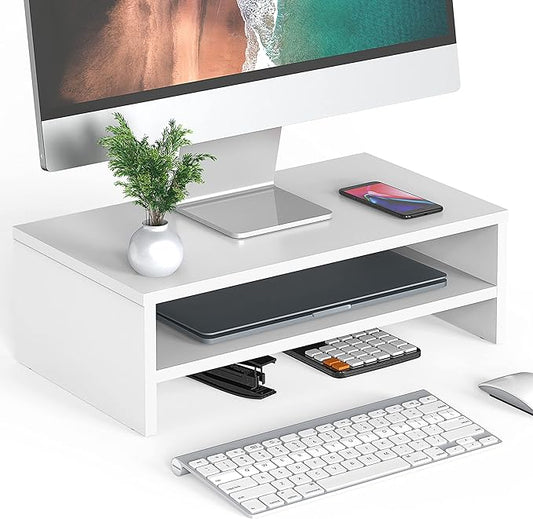 FITUEYES Wooden Monitor Stand Riser, 2-Tier Desk Storage Shelf, White | 16.7-Inch Desktop Organizer Fits Laptop, Computer Screen and Office Supplies by FITUEYES